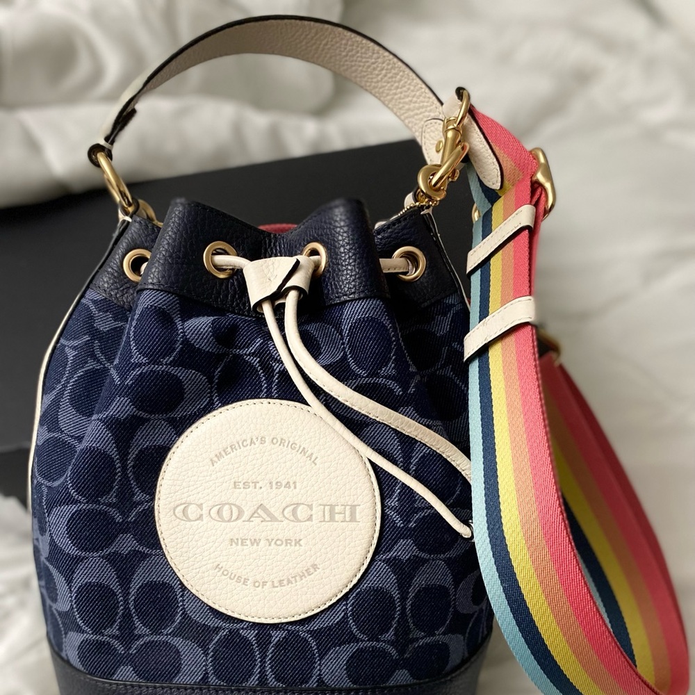 Coach Navy Blue Bucket Bag with Rainbow Strap - Picture 7 of 13